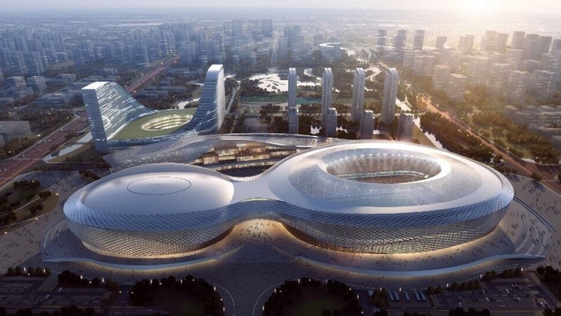 An image shows an aerial view of Phoenix Mountain Sports Park in Chengdu.