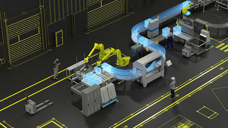 Factory floor with robotic arm placing items on a conveyor belt and workers monitoring the process