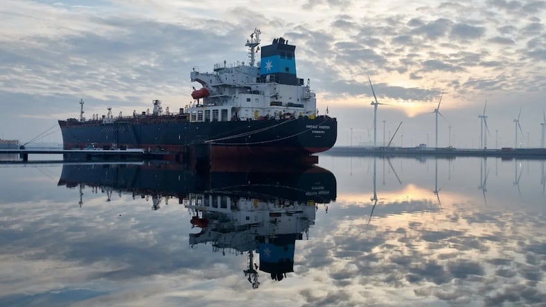 A container ship is docked in still waters at a port at sunset.
