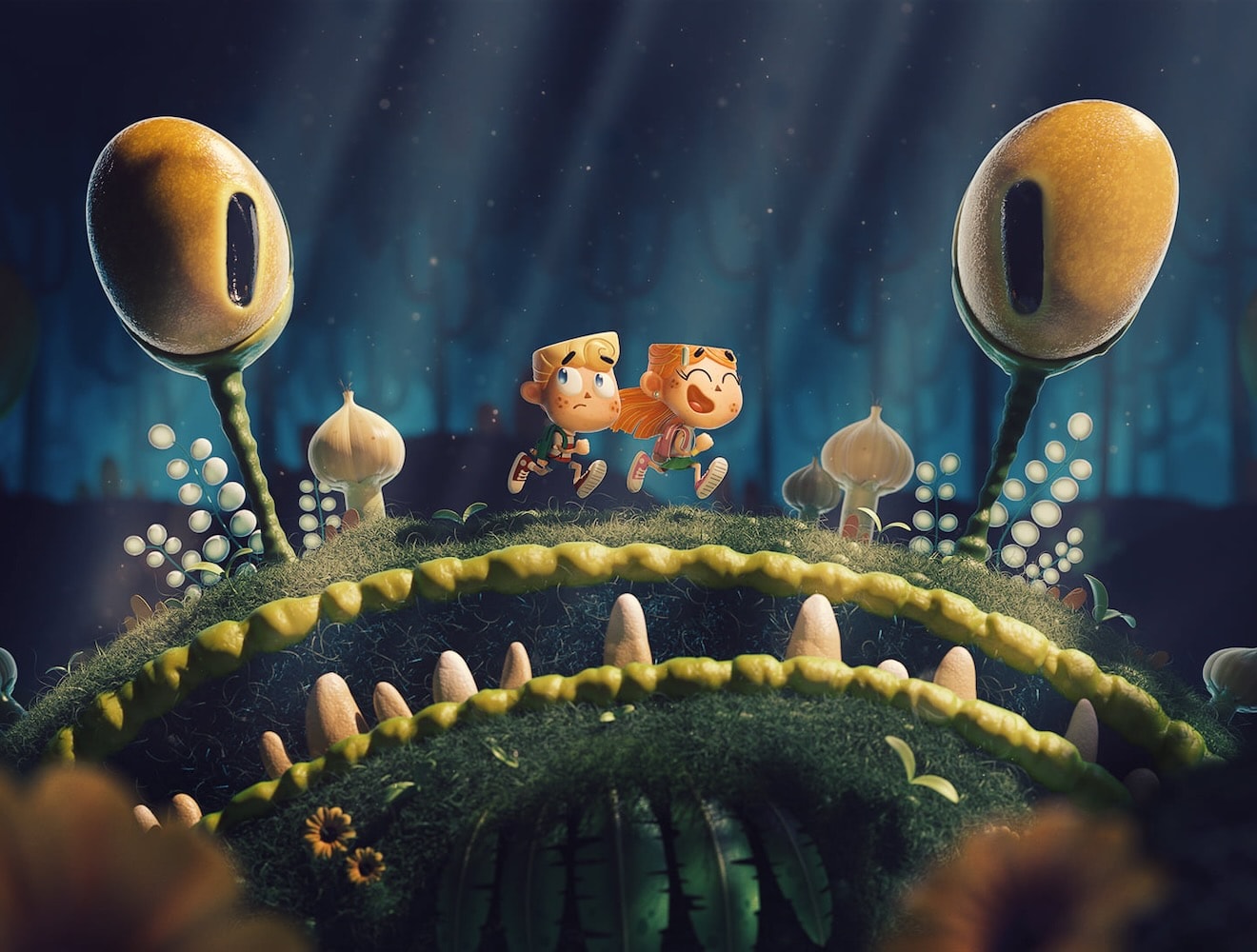 An animated scene shows two characters running over the face of a creature with large eyes on stalks.