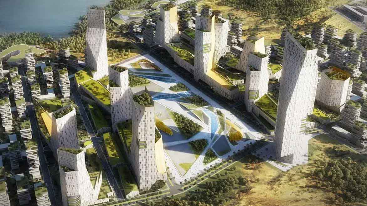 A rendering shows several tall white buildings surrounded by green areas next to water.