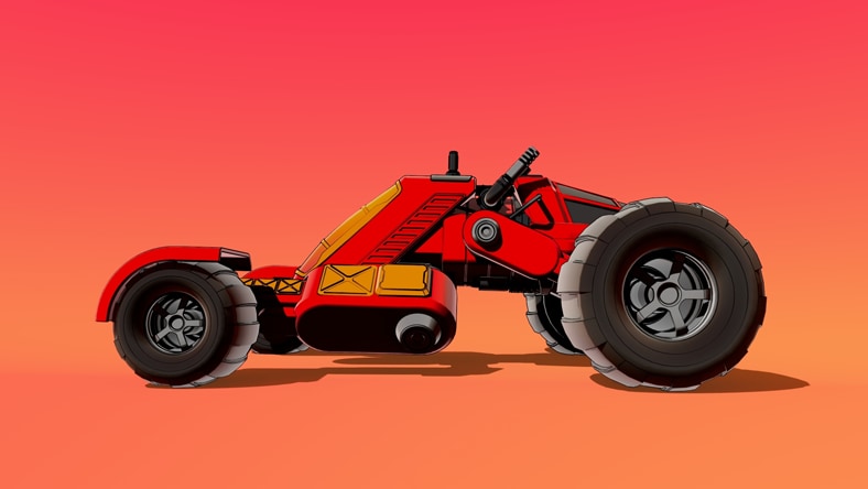 A stylized red and orange 3D car model