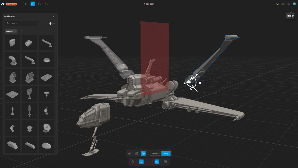A 3D spaceship model mid-assembly inside Project Falcon