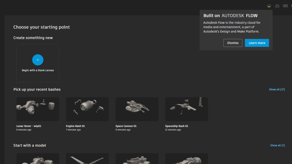 A view of recent batches in Project Falcon, with a “Built on Autodesk Flow” pop-up displayed