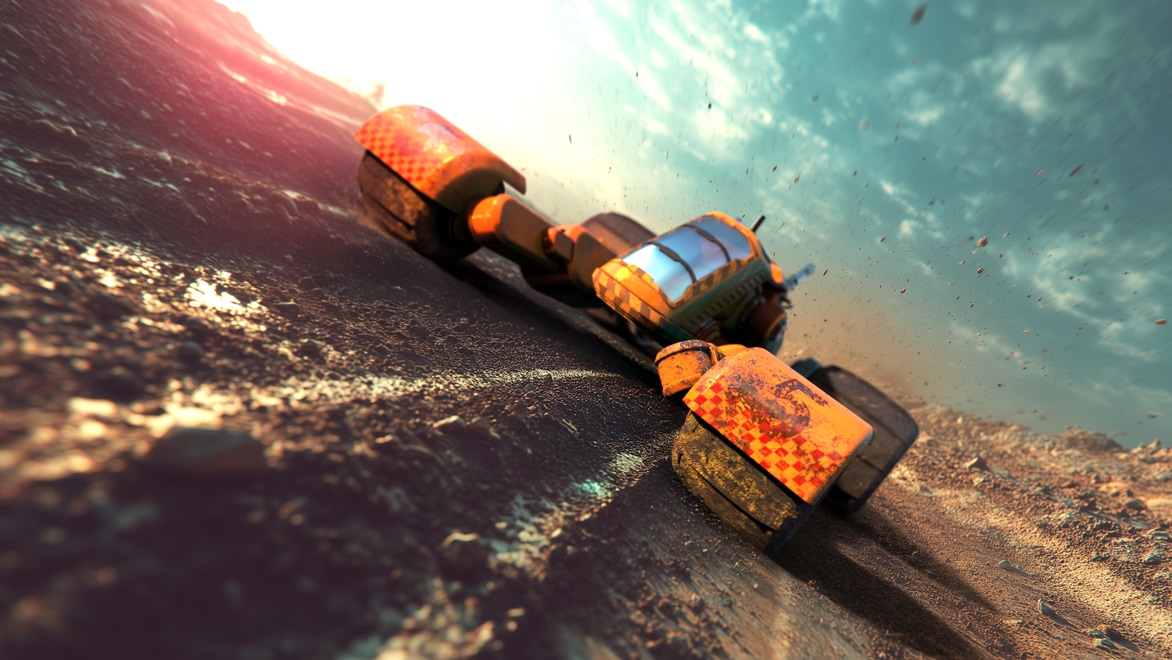 A bright orange 3D car speeds across a dirt track