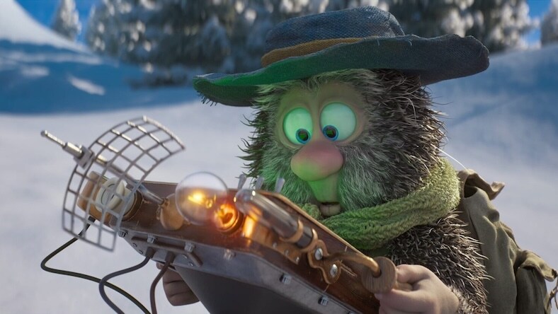 A still of Solan character looking at tracking gadget. From The Nordic Christmas Hour TV special, made by Qvisten Animation