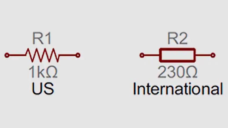 US and international resistor symbols in electronics