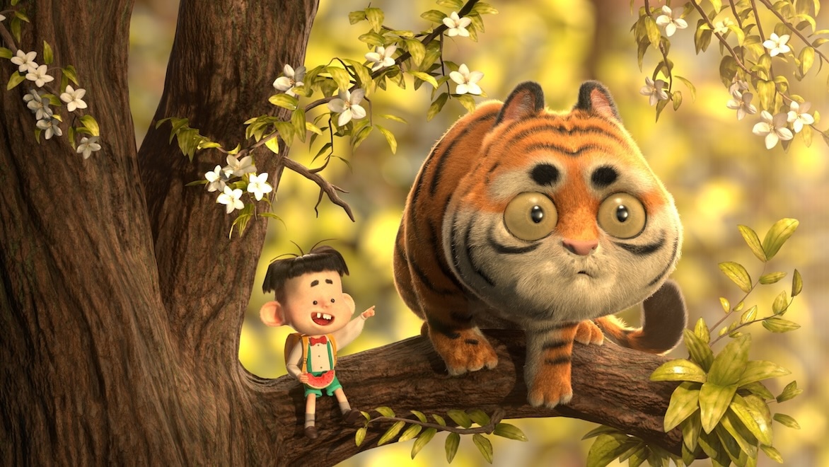 An animated tiger and boy sit next to each other on a tree branch.