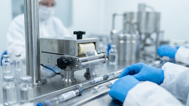 Person wearing blue gloves operating a labeling machine on a production line with glass vials