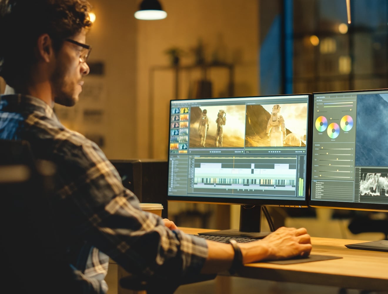 A man works on a computer showing video editing software.