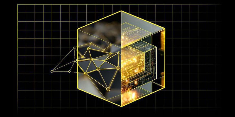 An abstract 3D cube on a yellow grid background.