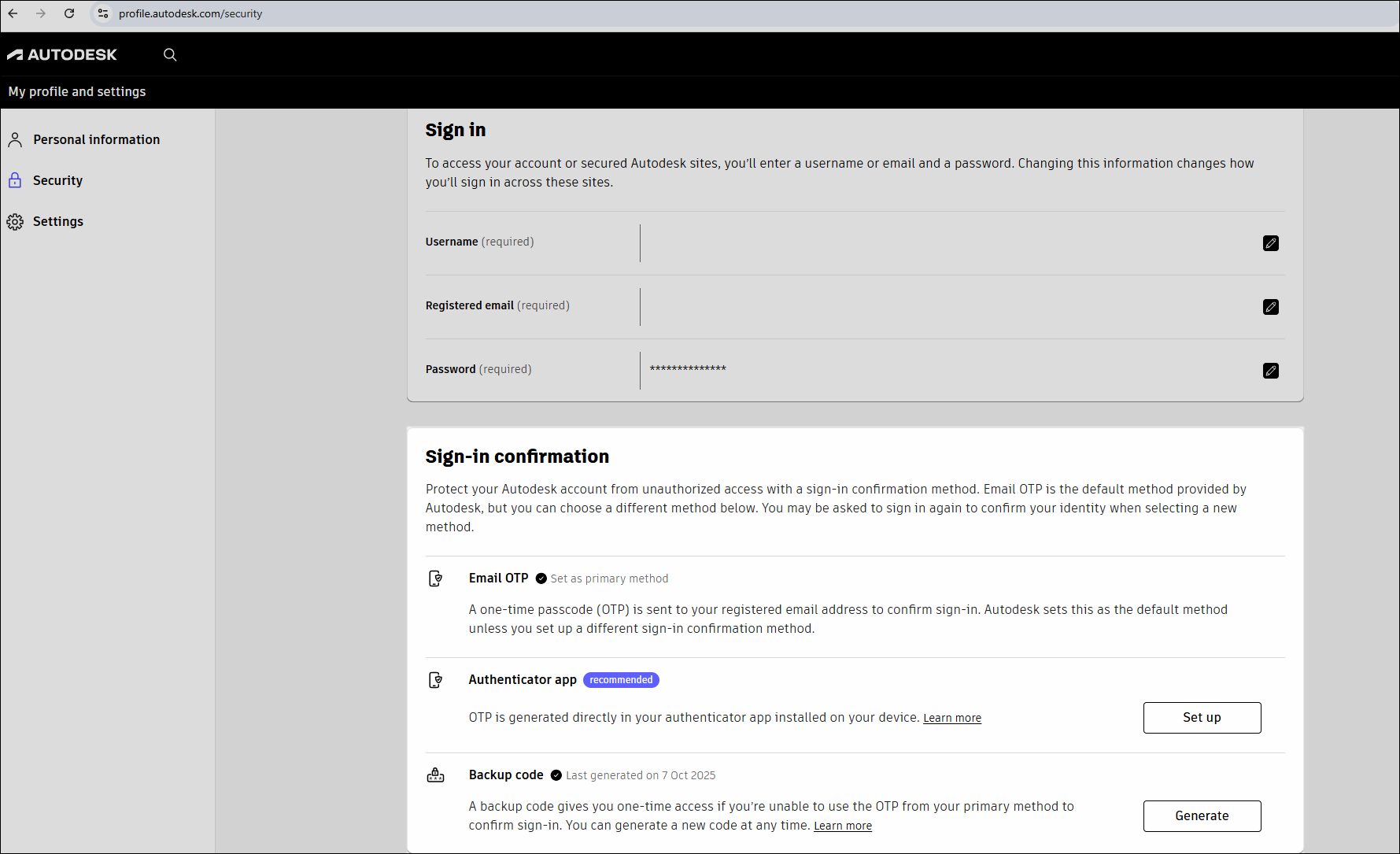 Autodesk security page with sign-in confirmation settings highlighted: Email OTP, Authenticator app, Backup code. 