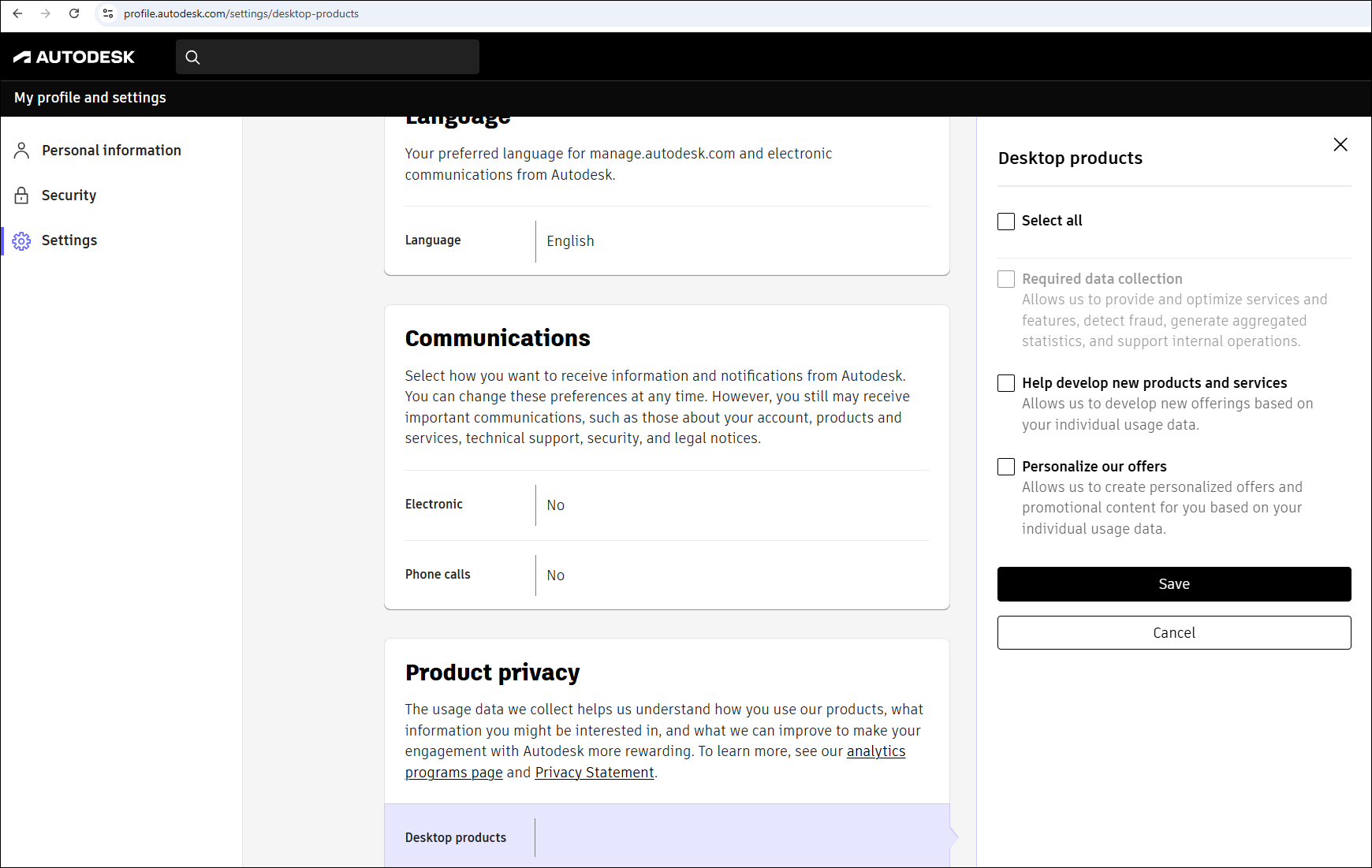 Autodesk profile settings page with desktop product privacy options selected.