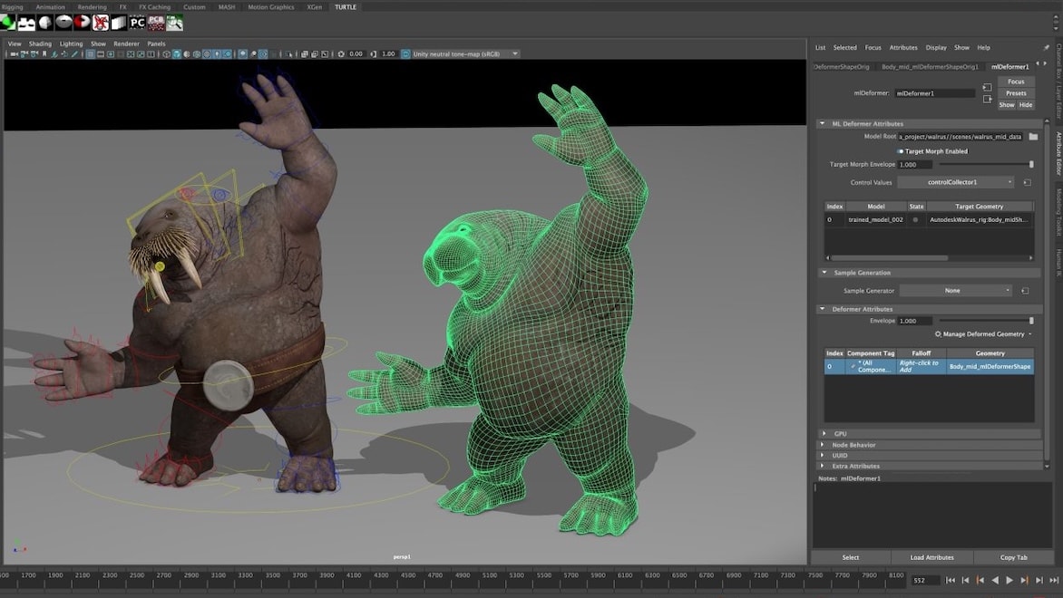 A screen in Autodesk Maya shows a rigged walrus-man character next to an approximation from the ML Deformer.