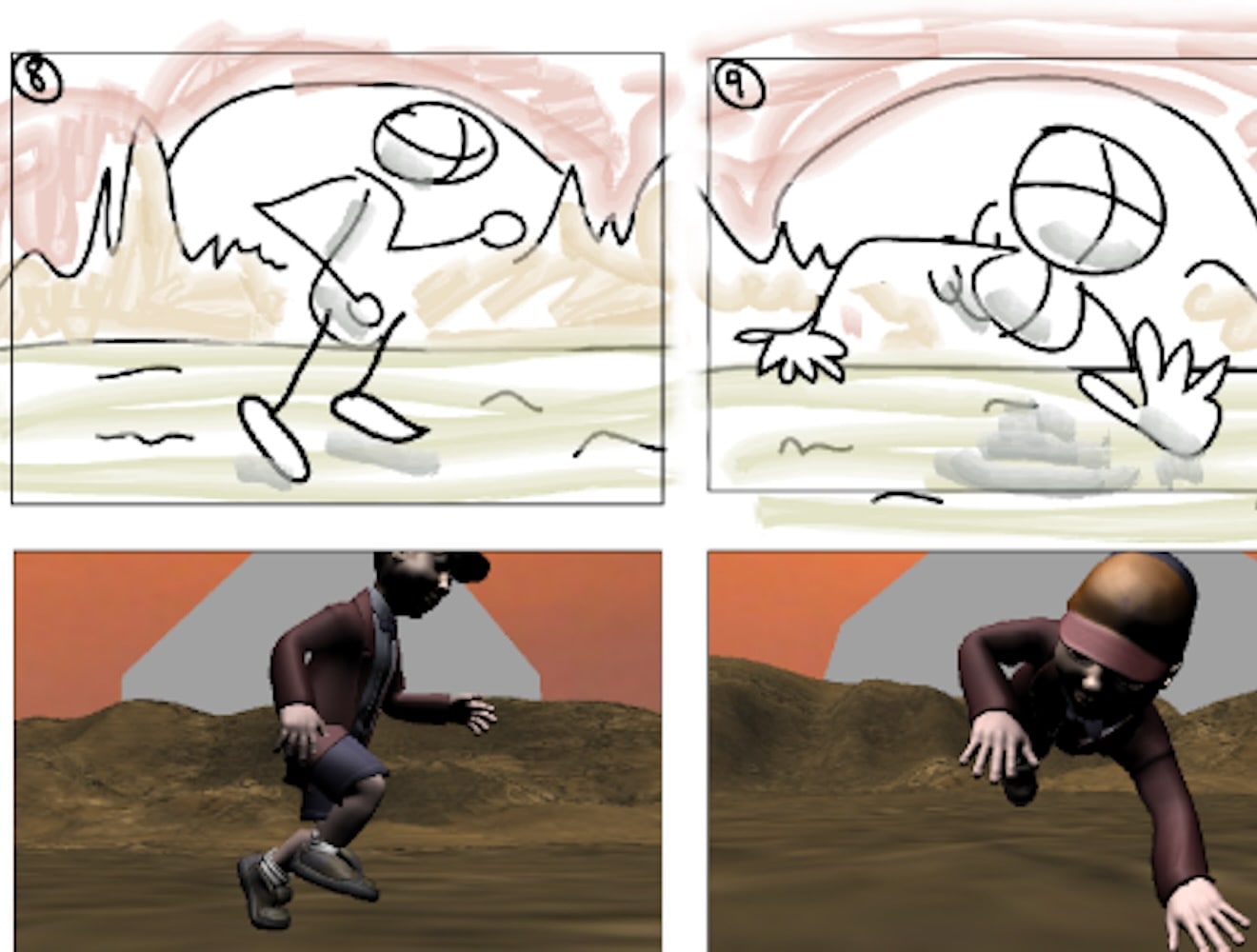 A storyboard showing rough sketches of a character running is positioned above the matching 3D animation.
