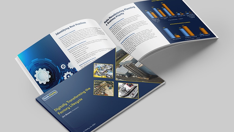 Stacked books with cover showing title "Digitally transforming the factory lifecycle"