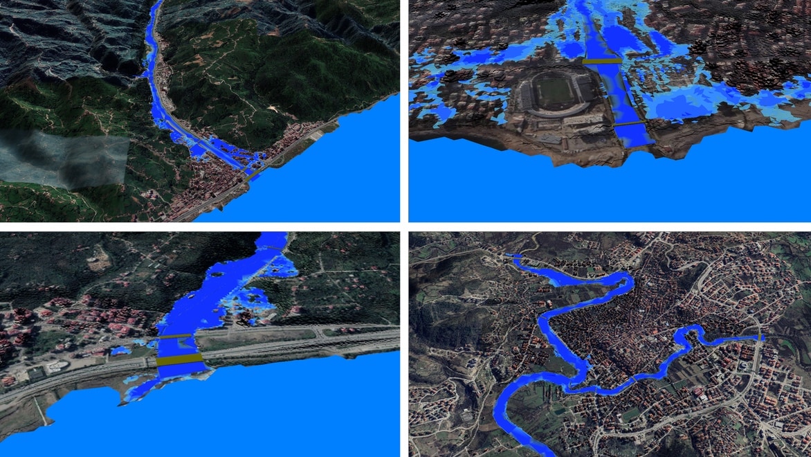 Four screenshots of InfoWorks ICM showing water inundation