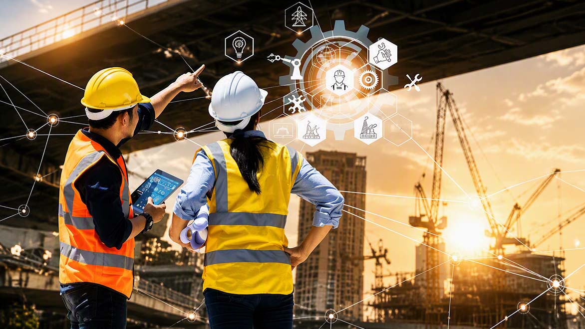 Two construction workers in safety vests and helmets discuss a project while digital icons and connection lines overlay a construction site at sunset. 