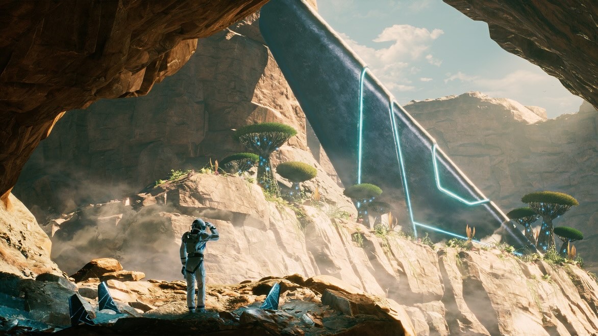 An astronaut in a white suit views a civilization from a crash site.