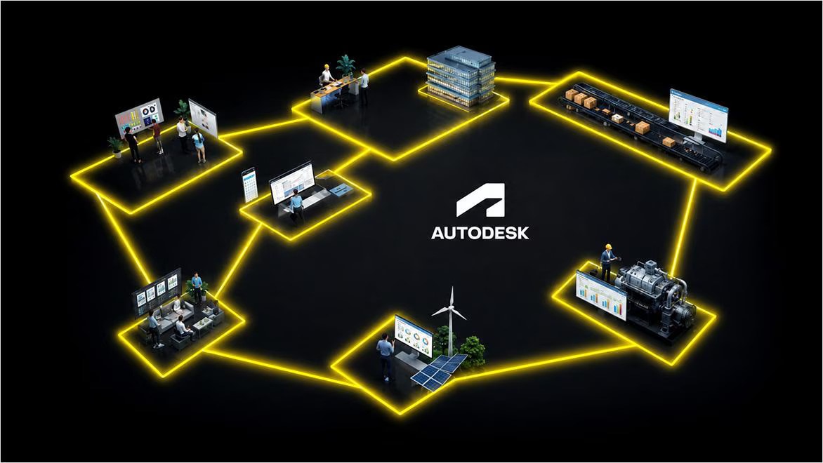 Networked Autodesk workspaces with connected teams collaborating on digital designs and industrial projects.