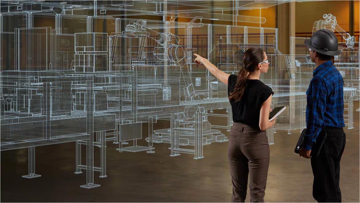 Two people examining a large, transparent architectural model with intricate structural details.