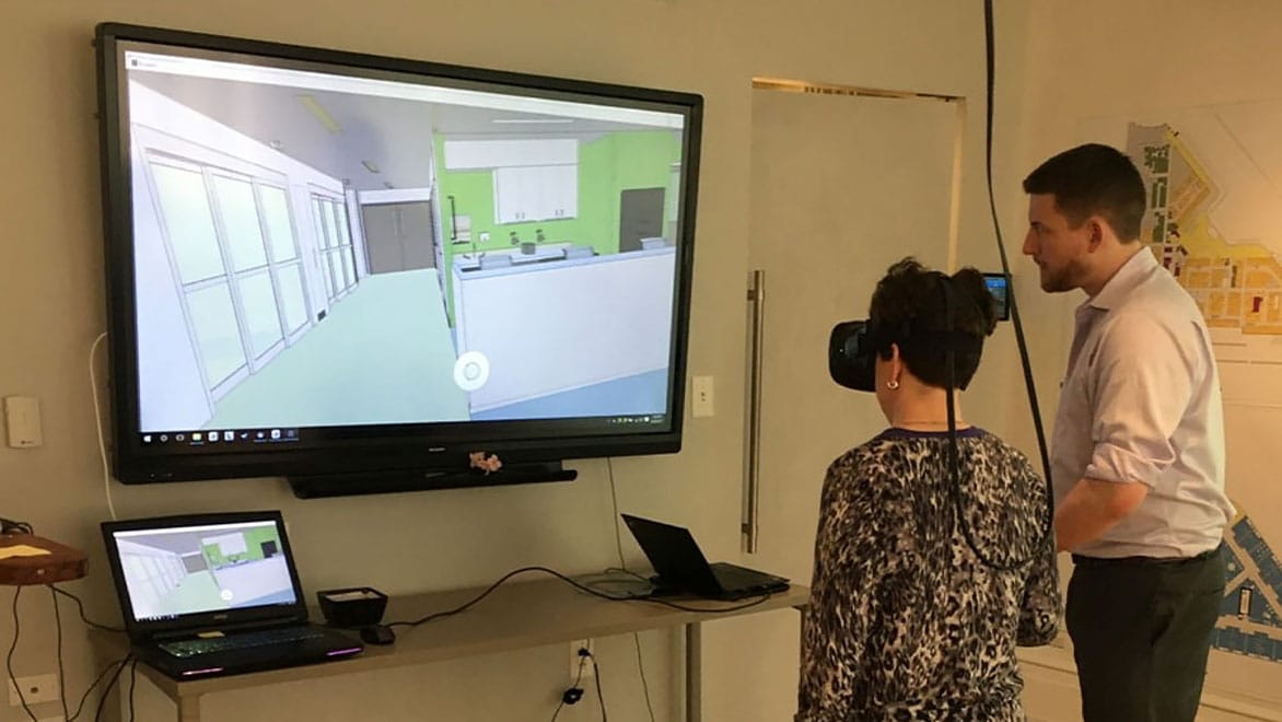 Team using virtual reality to visualize the design