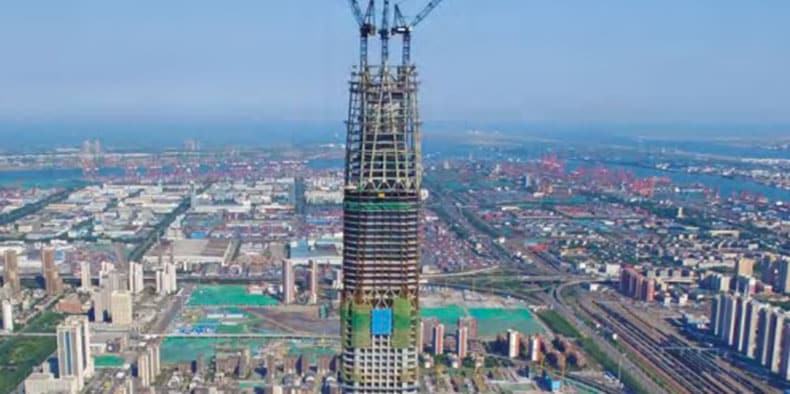 An aerial view of a high-rise building under construction