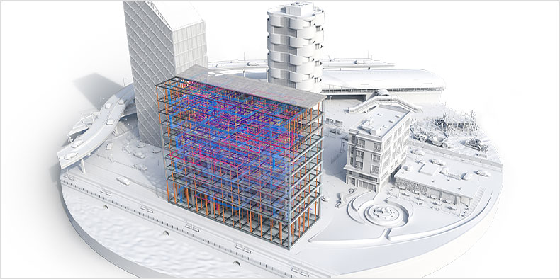 A model of several buildings in BIM illustrating infrastructure and building design workflows