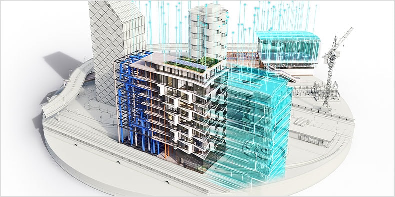 A digital twin model of several buildings in BIM