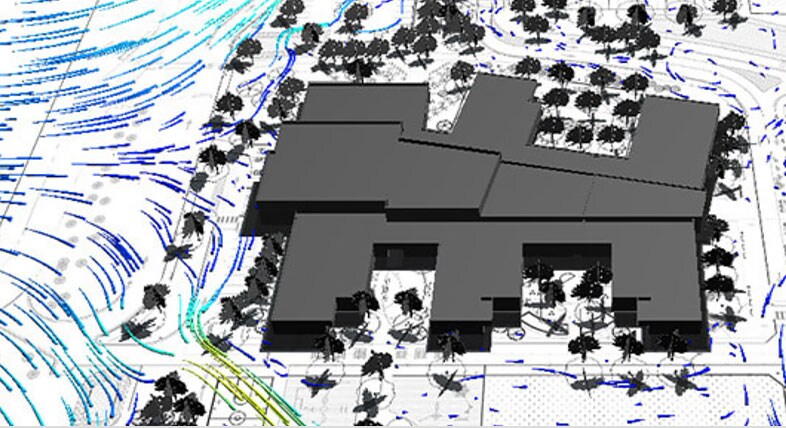 A screenshot showing wind analysis on an elementary school building design
