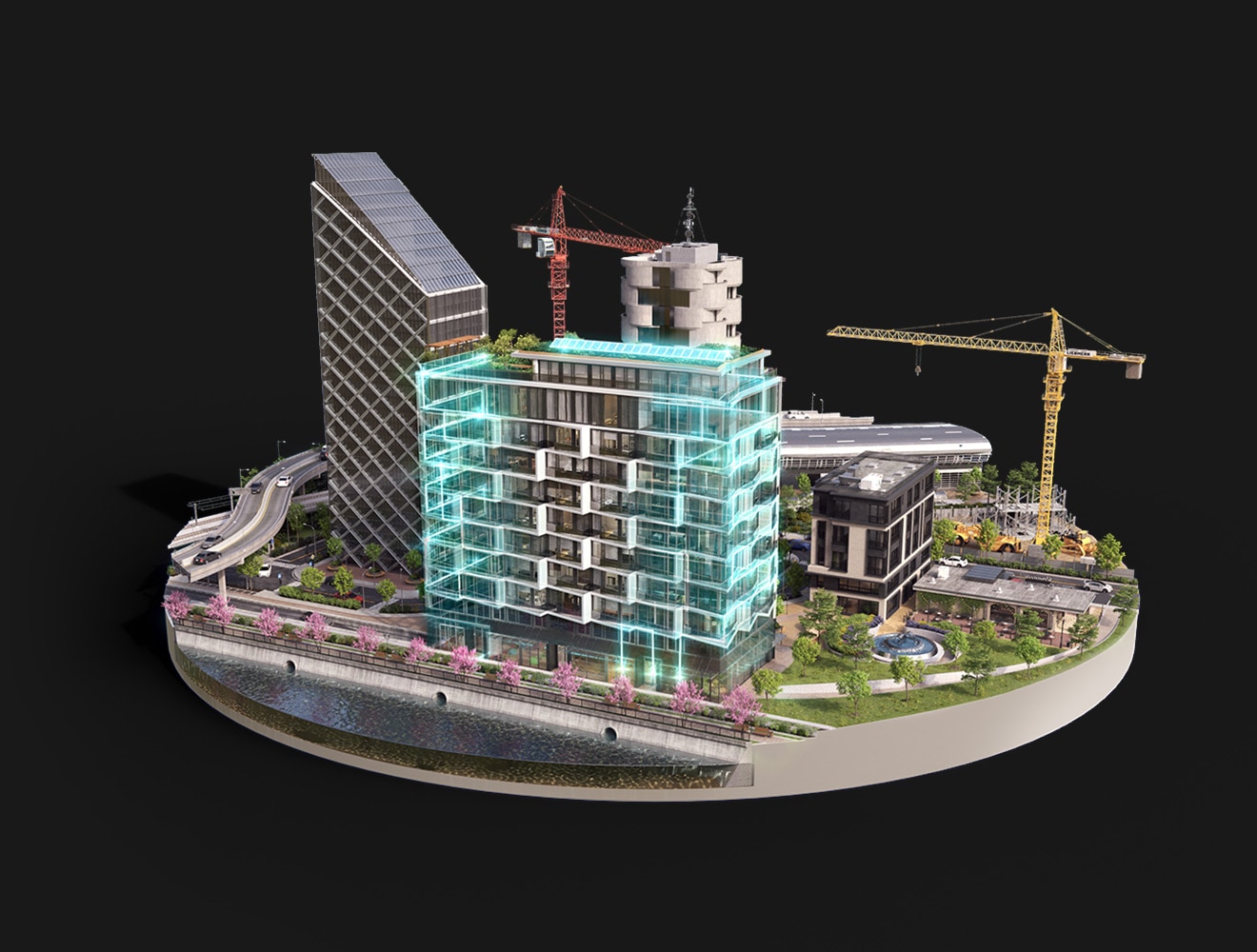 Digital twin city model with connected buildings and construction infrastructure.