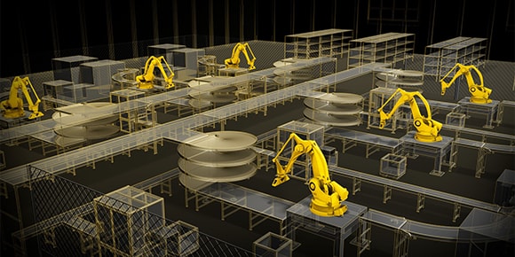 Rendering van een indeling van een fabrieksruimte in 2D met een overlay van de fabrieksinhoud in 3D