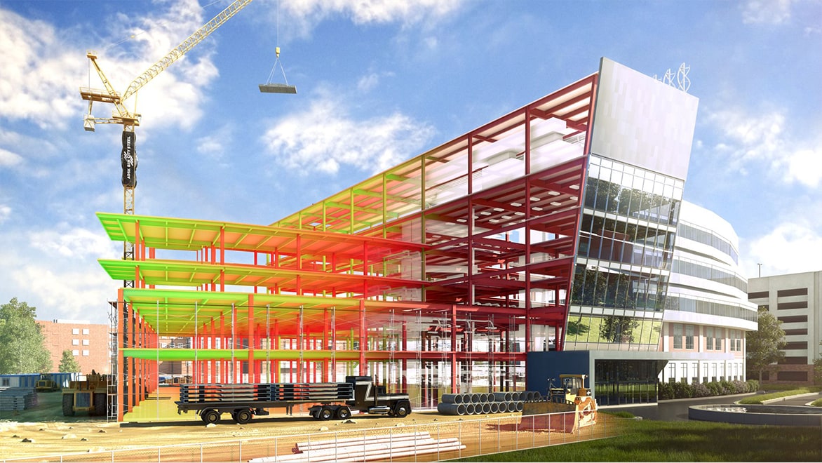 Rendering of the BIM City Westside Hospital data set illustrating a structural view.