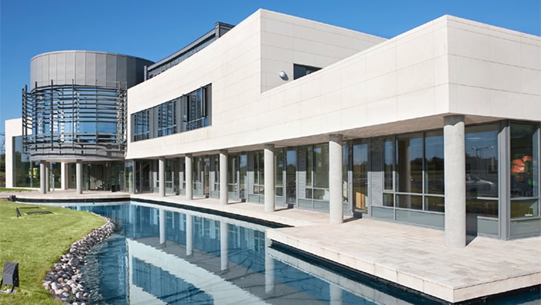 Exterior of commercial office building on a sunny day
