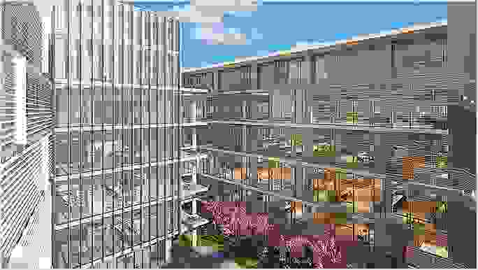 A rendered design of a courtyard with trees surrounded by two large multistoried glass buildings