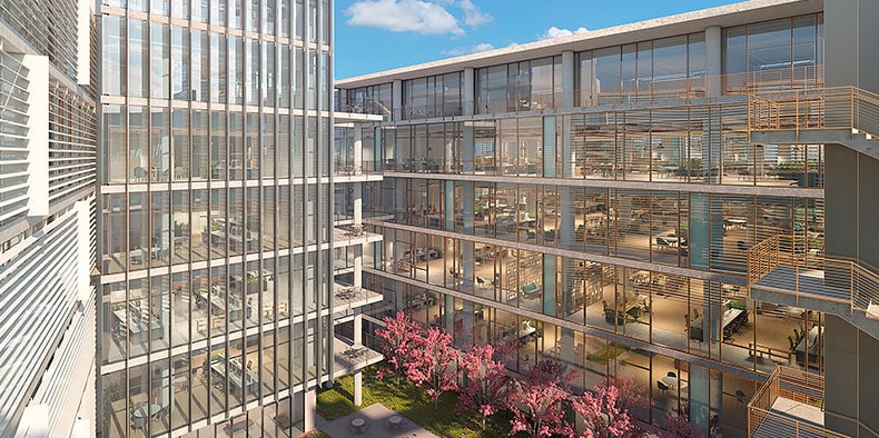 Diseño renderizado de un patio con árboles rodeado de dos grandes edificios de cristal de varias plantas