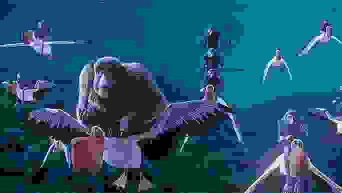 Animated monkeys with spears flying on pelicans at night 