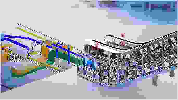 A industrial conveyor belt model with integrated vents and pipes.