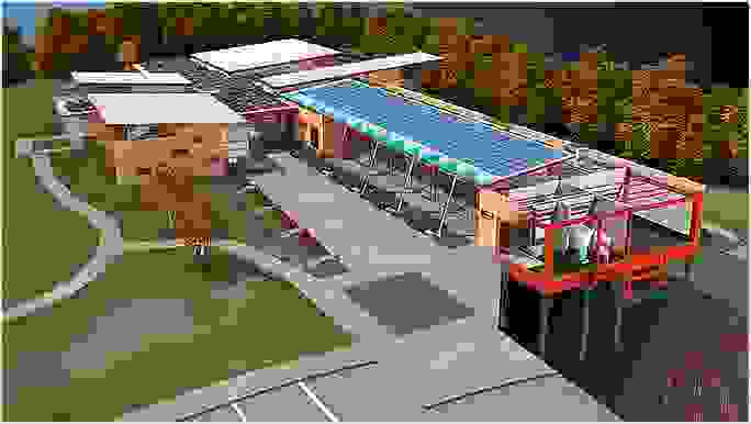 A rendered 3D model of a single-story building with outdoor landscape, walking pathways, and underground piping.