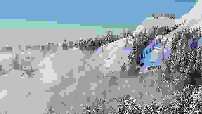 Animated snow-covered mountains, trees, and fog 