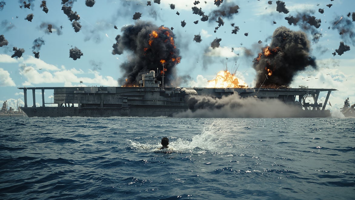 Animacja przedstawiająca chłopca w oceanie patrzącego na wiele okrętów wojennych i eksplozji 