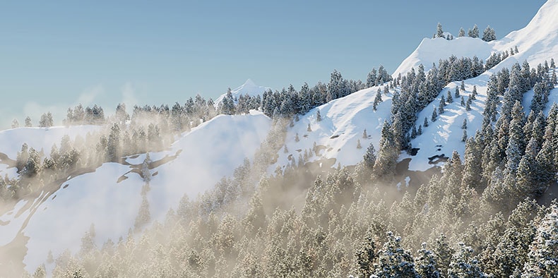 雪に覆われた山、木、霧のアニメーション表現 