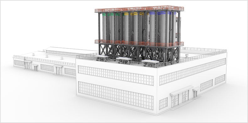 Rendering of a piece of industrial equipment on top of a factory