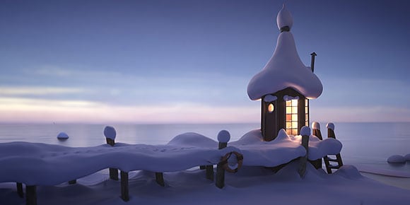 Escena nevada con cabaña con vistas a la bahía
