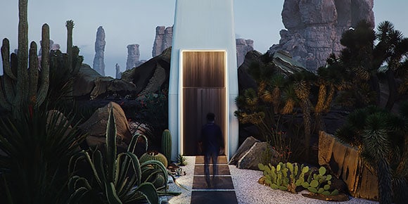 사막 풍경이 있는 미래적인 문 앞에 서 있는 남성 