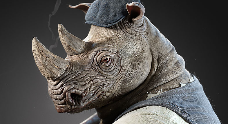 Close-up van het personage Peaky Rhino