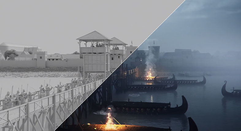 Split image: grayscale warriors on left, fiery waterfront on right