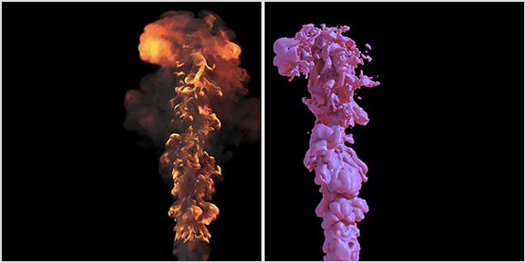 Två abstrakta blobbar: orange rök och rosa lera