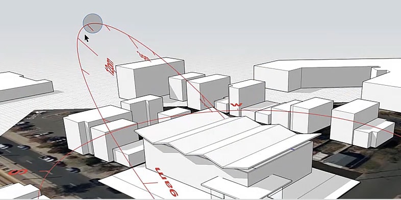 A 3D, simple-shape rendering of a complex of commercial building