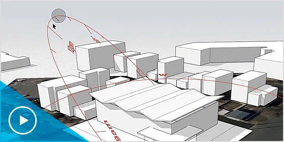 A 3D, simple-shape rendering of a complex of commercial building